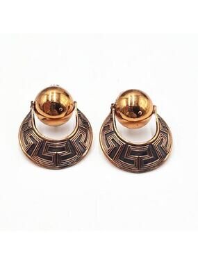 Vintage Copper Southwest Greek Key Design Screw Back Door Knocker Earrings MCM